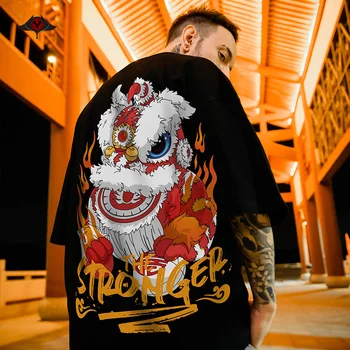 

Hip Hop Chinese Lion Dance T Shirt Men Short Sleeve Loose Plus-sized Streetwear Tees Summer O-Neck Kpop Tops