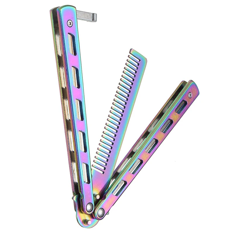 

Rainbow Foldable Comb Stainless Steel Practice Training Butterfly Knife Comb Beard & Moustache Styling Tool