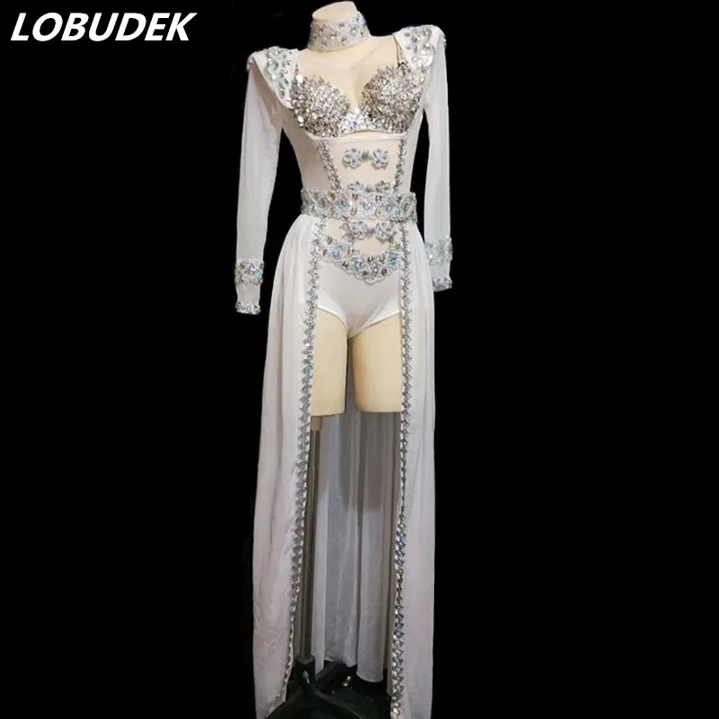 

Female Singer Host Stage Outfit Sparkly Sequins Bra White Red Black Mesh Perspective Bodysuit Tailing Outfits Nightclub Costume