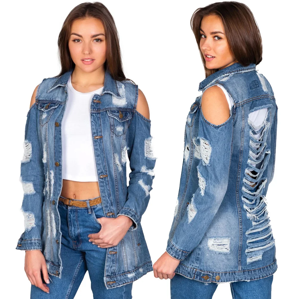 Ripped Jeans Jacket Sexy Women Turn Down Collar Hollow Out Novelty