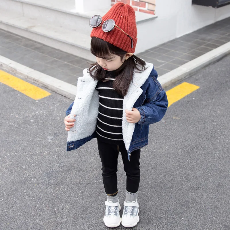 Winter Girls Plus Thick Velvet Denim Jackets Children's Denim Warm Hooded Coat Kids Printed Flower Outwear