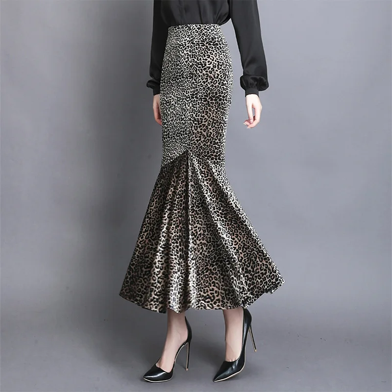 Autumn Winter Mermaid Skirt 2020 Women High waist Slim Fit Velvet leopard Trumpet Long Plus size S-3XL | Женская одежда