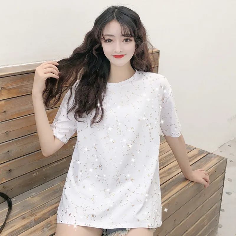 

2019 New Women Summer T-shirt Korean Style Gold Stars Sequins Fashion O-Neck T-Shirt Short Sleeve Casual Tops