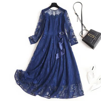 

Blue Lace Dress Vintage A-Line Mid-Calf O-Neck Dresses for Female Cerimonia Vestido Fiesta De Noche vestidos de iglesia