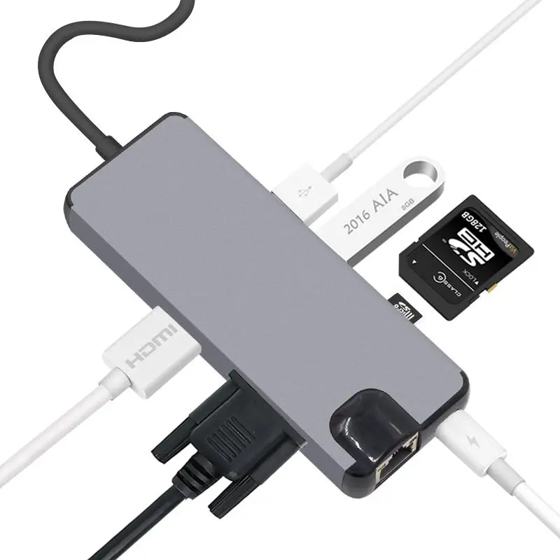 USB C концентратор HDMI VGA Ethernet Lan RJ45 адаптер для Macbook Pro, type C концентратор карт-ридер 2 USB 3,0+ type-C зарядный порт