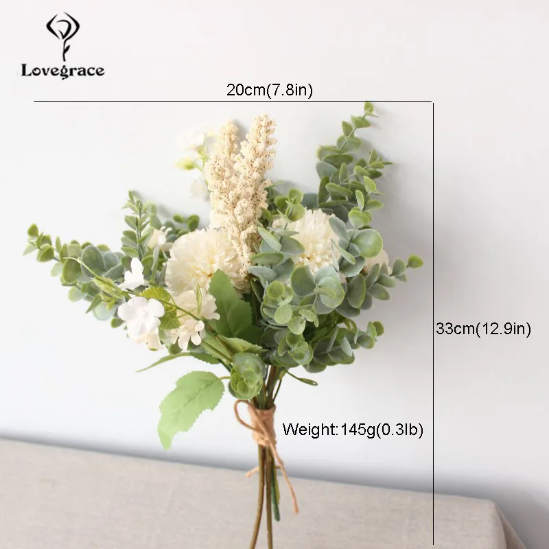 Lovegrace свадебный букет, искусственный шелк, крабяблоко, букет цветов, белый голубой помпон, листья эвкалипта, свадебные принадлежности