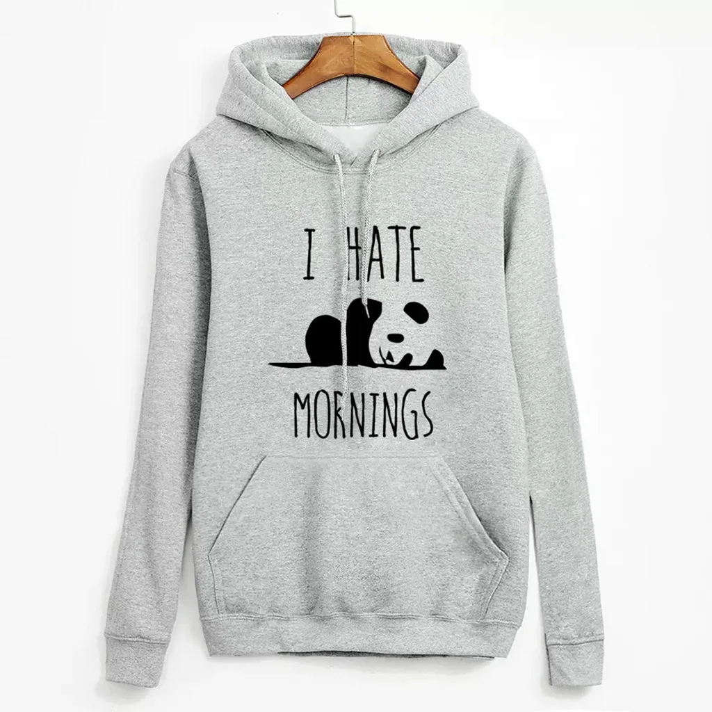 

I Hate Mornings Letter Hoodie Women Cute Lazy Panda Pattern Sweatshirt 2019 Autumn Winter Ladies Fleece Thick Hooded Hoodie