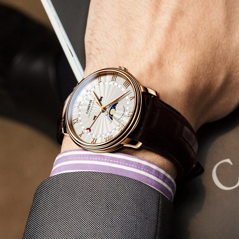 

LOBINNI Top Brand Watch Men Luxury Moon Phase Quartz Mens Watches Japan Movement Sapphire Waterproof Male Wrist Watch