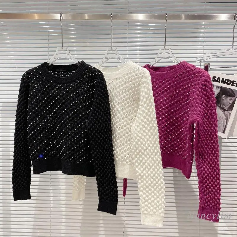 

2020 Autumn Winter New Arrival Women's Starry Rhinestone Hollow-out Elegant Long Sleeve Knitted Sweater Lady Pullover Jumper