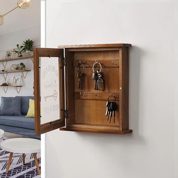 

Vintage European Style Wooden Key Storage Cabinet Key Holder Box with Hanging Hooks Brown