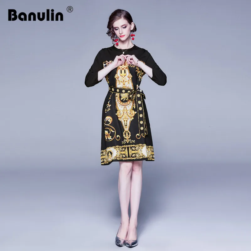 

Banulin 2019 Summer 3/4 Sleeve Runway Dress Women's Quality O-Neck Baroque Printing Casual Bow Sashes Dress Party Vestido