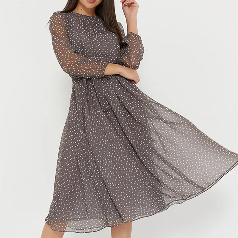 

Elegant Dot Print Long Sleeve Women Dresses 2020 New Boho Casual O Neck Chiffon A LIne Dress Vintage Party Vestidos