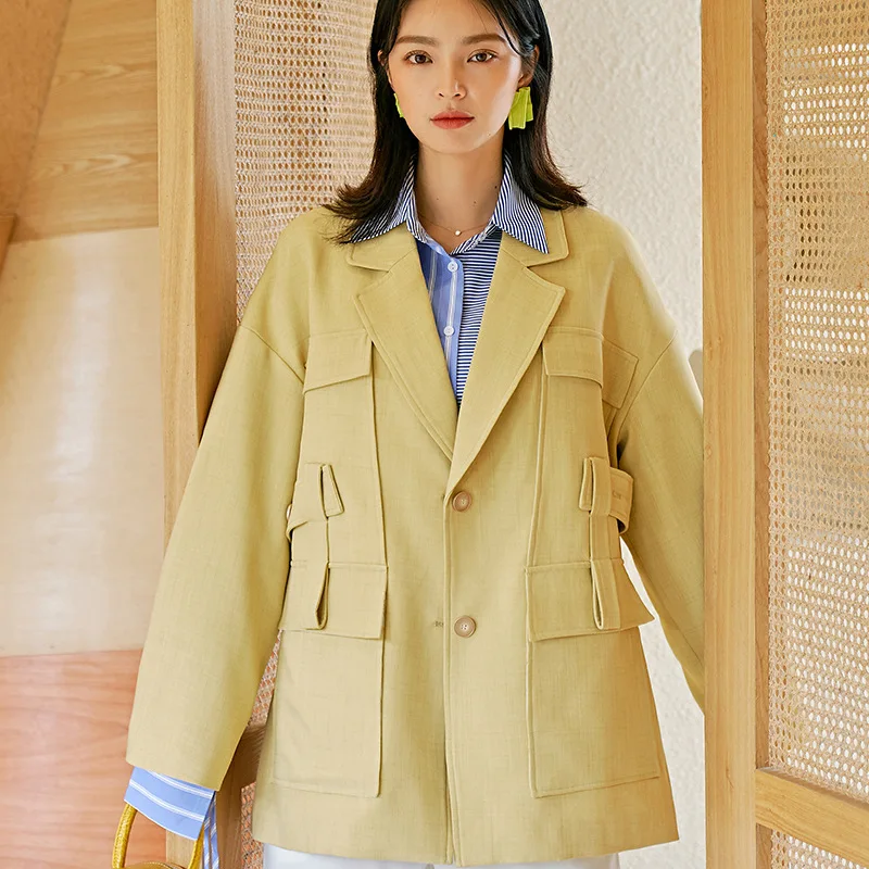

S7414 European Goods Large Version of Fashion Autumn New Style Boutique WOMEN'S Dress Yellow Linen Workwear-Style Single-Breaste