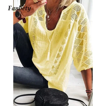 

Womens Casual V-neck Tassel Cotton Linen Blouses Women 2020 Spring Three Quarter Sleeve Lace Shirt Summer Loose Chic Tops Female