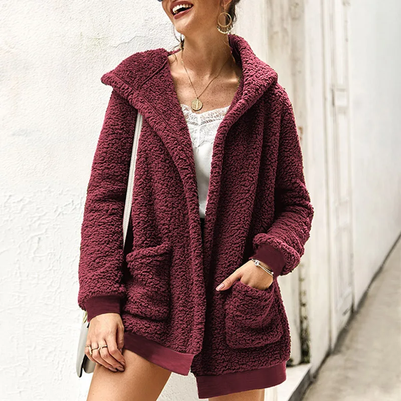 Wine Red Модные флисовые куртки, верхняя одежда для женщин, зимние пальто с длинными рукавами и карманами, Тренч, повседневные свободные пальто, однотонный Свитшот - Цвет: Wine Red