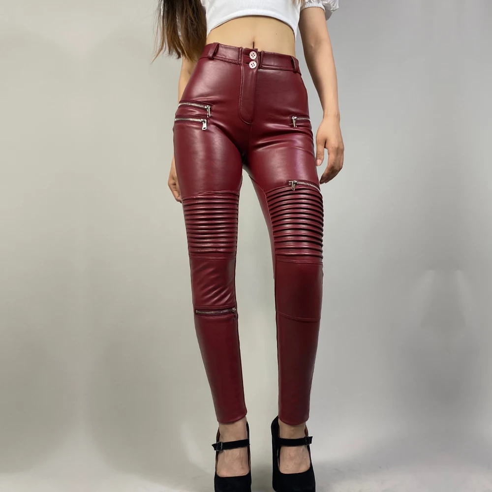 Shascullfites Melody Womens Leather Moto Pants Black Pencil Pants Warm  Biker Pants Women's Clothing with Free Shipping