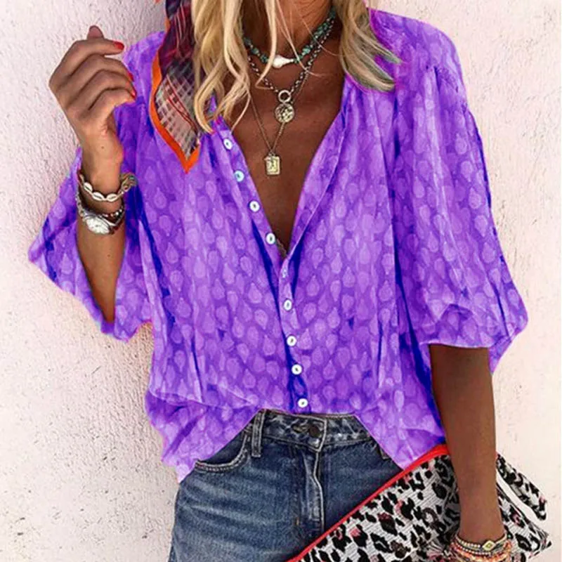 02 Purple Fanbety 5XL блузки с принтом цепей, женские сексуальные рубашки с v-образным вырезом и длинным рукавом на пуговицах,, Женские Элегантные Осенние Новые Топы, блузки размера плюс - Цвет: 02 Purple