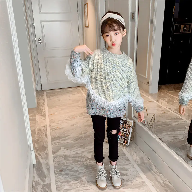 

Kid's Pullover Sweater Clothing Baby Girls Lace Sweater Children Clothes Fashion Elegant Knitted Top Warm Sweaters for Teenage