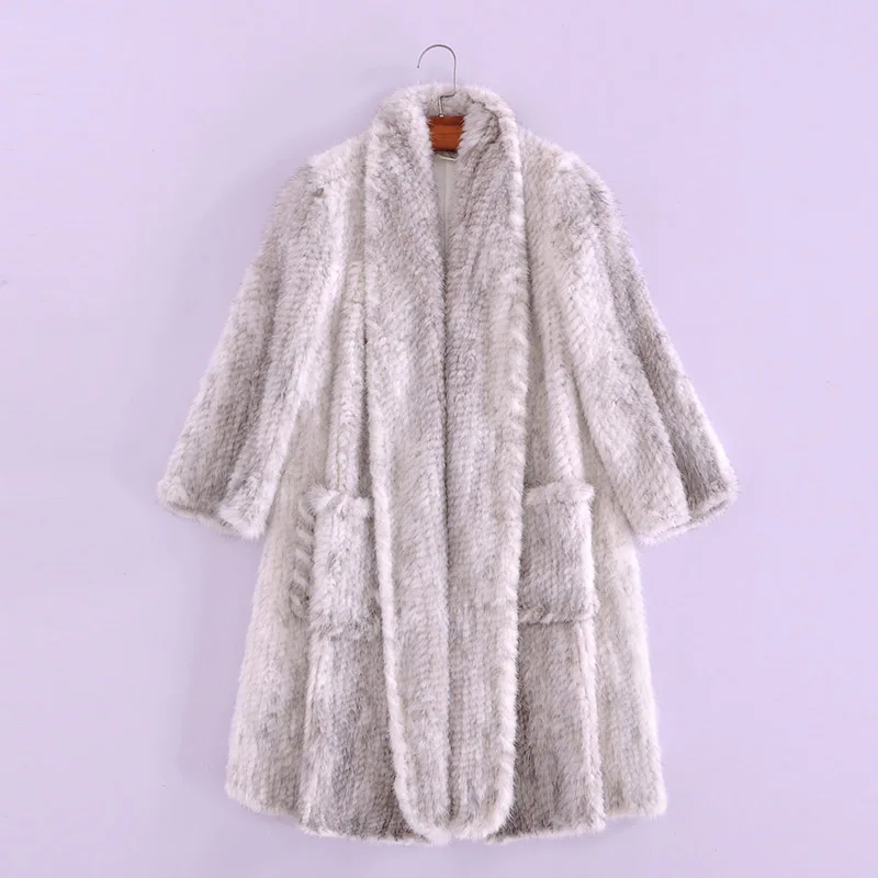 Настоящее натуральное Норковое меховое пальто с длинным рукавом высокого качества вязаное Женское зимнее длинное пальто - Цвет: Бежевый