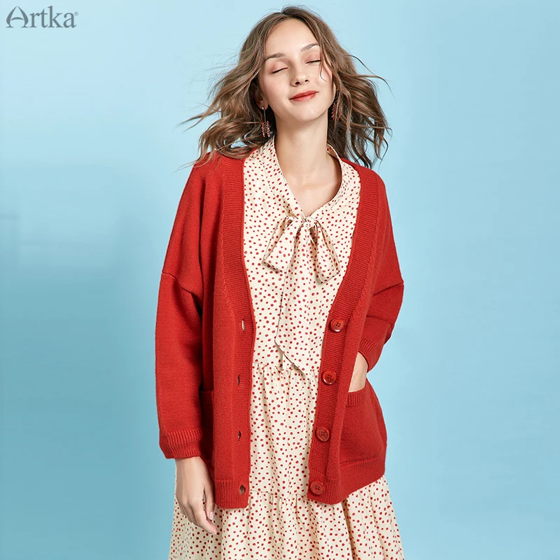 ARTKA/Новинка года; осенне-зимний женский свитер; Модный повседневный вязаный кардиган с длинными рукавами и карманом; свитер с открытой строчкой; WB10295Q
