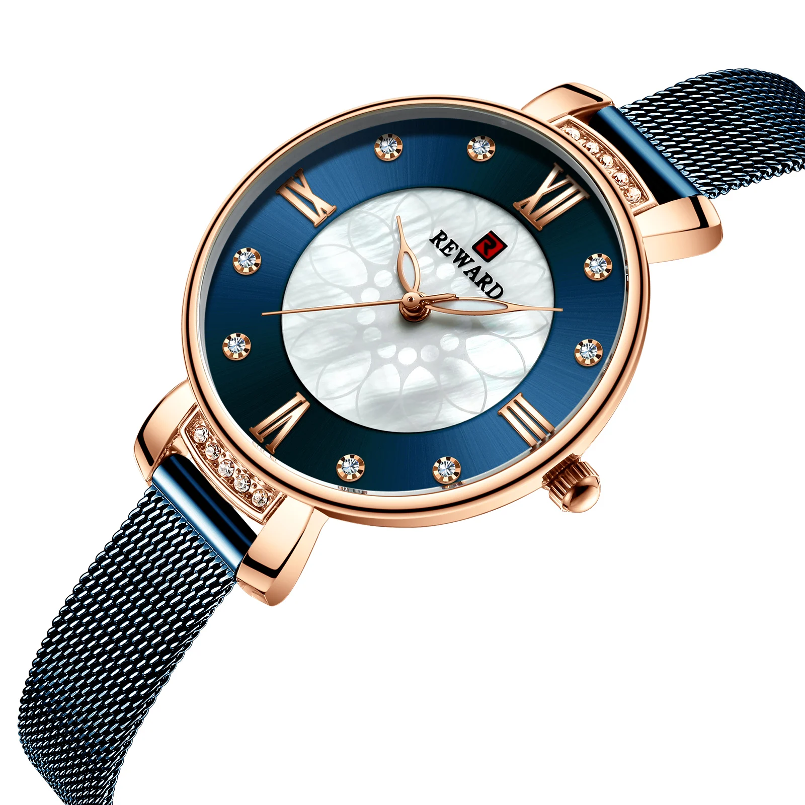 Rdward Luxury Crystal Watch Women Waterproof Pearl Dial Steel Strap