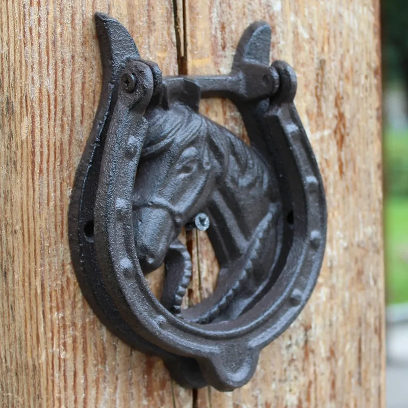 

Cast Iron Door Knocker Horse Head with Handle Western Cowboy Horseshoe Door Latch Metal Home Door Gate Decor Vintage Crafts