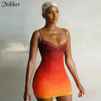 Nibber אופנתי שיפוע צבע Bodycon נשים מיני שמלה סקסי תחרת המפלגה Clubwear 2021 ספגטי רצועות מקרית רחוב Clother