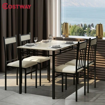 

5 Piece Elegant Marble Marble Textured Dining Table Set Sturdy Steel Frame Surface Comfort Ergonomic Seat Home Furniture Set