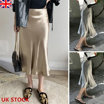 

2019 Summer Glossy Satin Trumpet Skirts High Waist Skirt Silver Gold Office Skirt Metallic Color Shiny Party Skirts