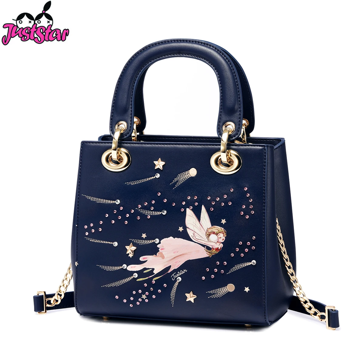 

JUST STAR Ladies PU Leather Tote Purse Rivets Diamond Cartoon Printing All-match Women's Handbags