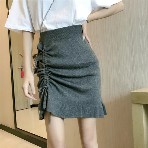 Серый Faldas mujer moda, трапециевидная, с оборками, однотонная, в стиле ампир, милый стиль, однотонная, на завязках, женская одежда, высокая талия, юбки, черные, женские - Цвет: Серый