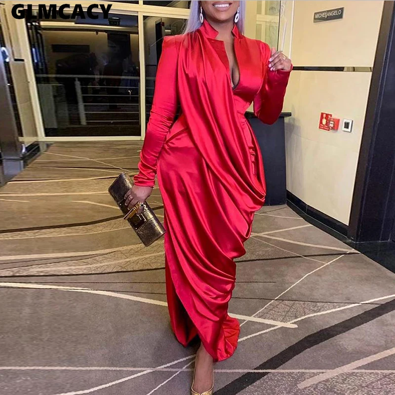 

Women Long Sleeve Satin Midi Dress Sexy Party Dresses Elegant Solid Plunge Ruched Formal Evening Irregular Long Dress