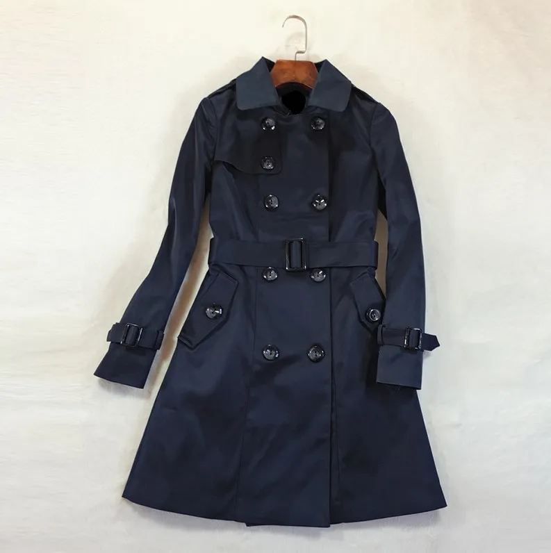 Navy Blue Новинка, модный двубортный Тренч средней длины, женский тонкий плащ с поясом цвета хаки, Женская ветровка Abrigos, Бразилия - Цвет: Navy Blue