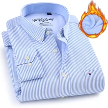 Новые зимние оксфорды в синюю полоску/однотонные плотные деловые мужские рубашки с длинным рукавом теплые бархатные Мужские плотные рубашки