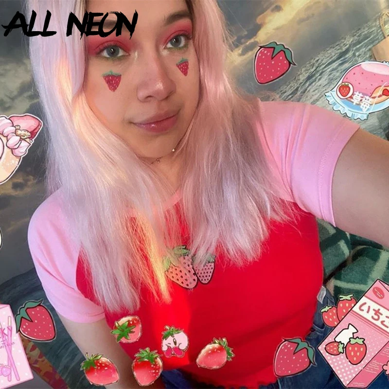 ALLNeon Sweet Strawberry Embroidery Front Crop Tops E-girl O-neck Short Sleeve Patchwork Red T-shirts Fashion Summer Kawaii Tees