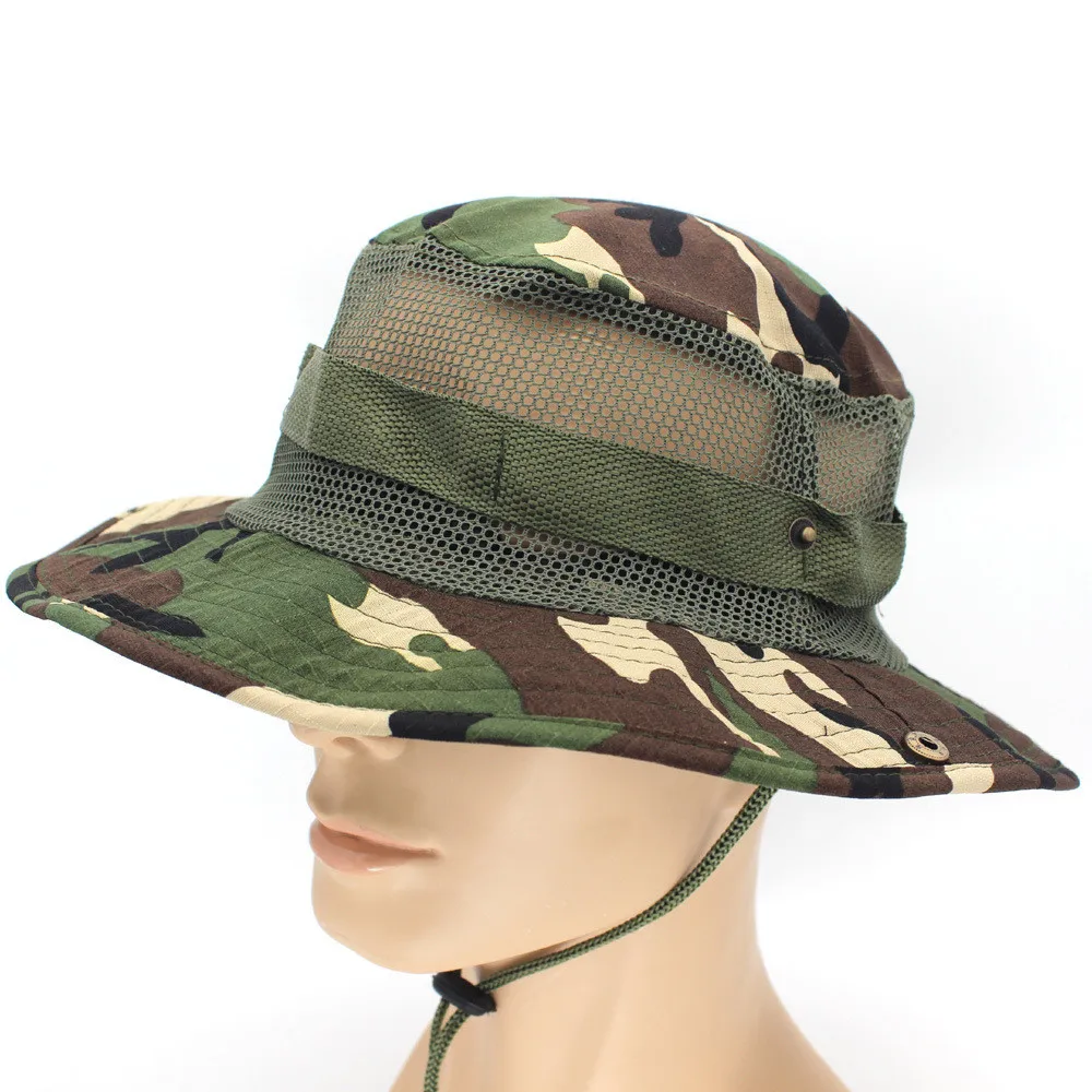Hollow Out Camouflage Tactical Bucket Hats Mesh Quick Dry Cap Army