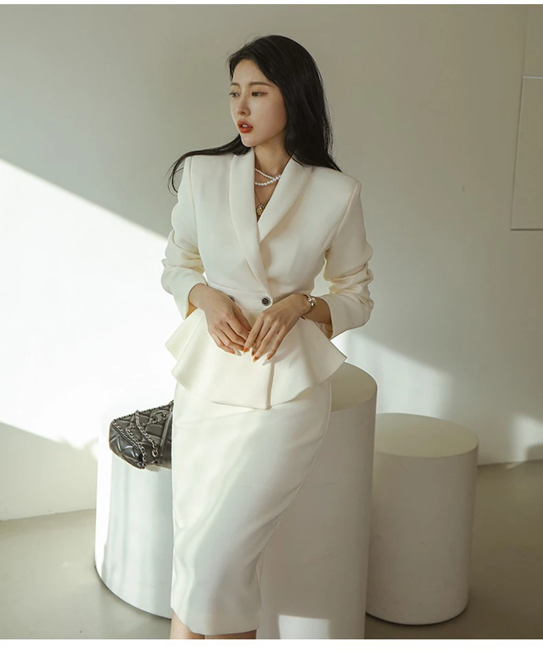 H Han Queen New Profession Set Women Coat Crop Top And High Waist Bodycon Pencil Skirts Korean Slim Chic Office Lady Skirt Suits Dress Suits