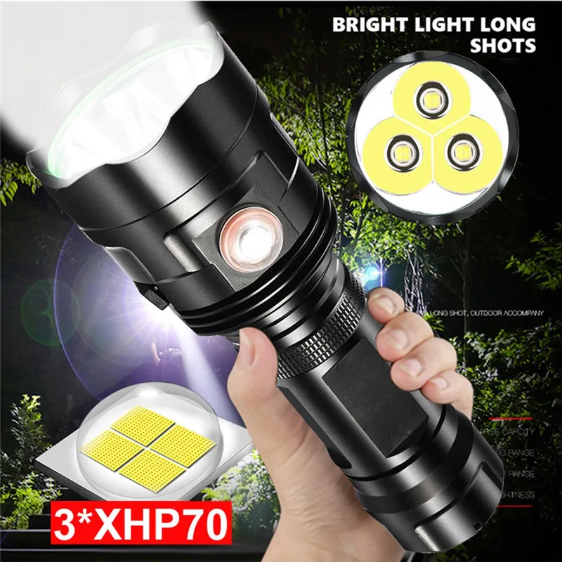 Светодиодный фонарик 3 * XHP70 заряжаемый от USB водонепроницаемый ультраяркая лампа