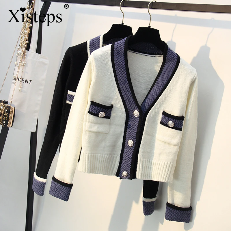 

Xisteps Casual Pactwork Knitted Cardigan V-neck White Long Sleeve Loose Short Women Sweater Elegant Cardigan Autumn Winter 2020