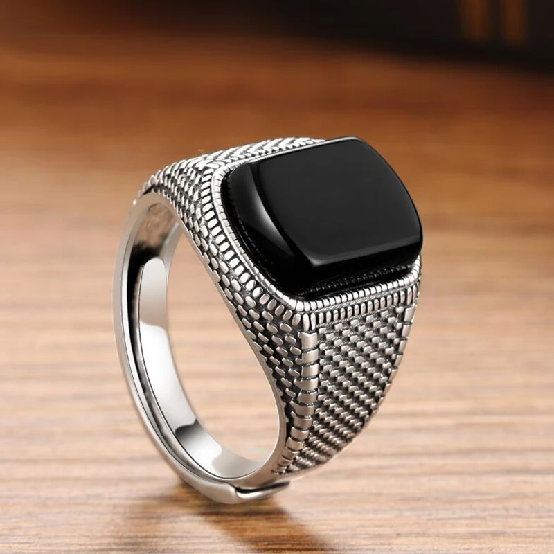 

925 Sterling Silver Carved Handmade Black Agate Ring Size Adjustable Trendy Personality Men Wide Face Black Ring Accessories