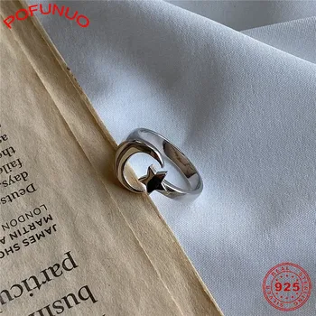 

POFUNUO Genuine 925 Sterling Silver Star Moon Ring Minimalist Chic Party Rings for Women Elegant Fine Silver Jewelry Female Gift