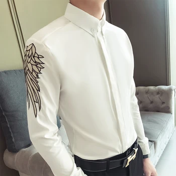 

High Quality Designer Shirts Men Long Sleeve Casual Slim Fit Dress Shirts Fashion Wings Embroidery Streetwear Chemise Homme