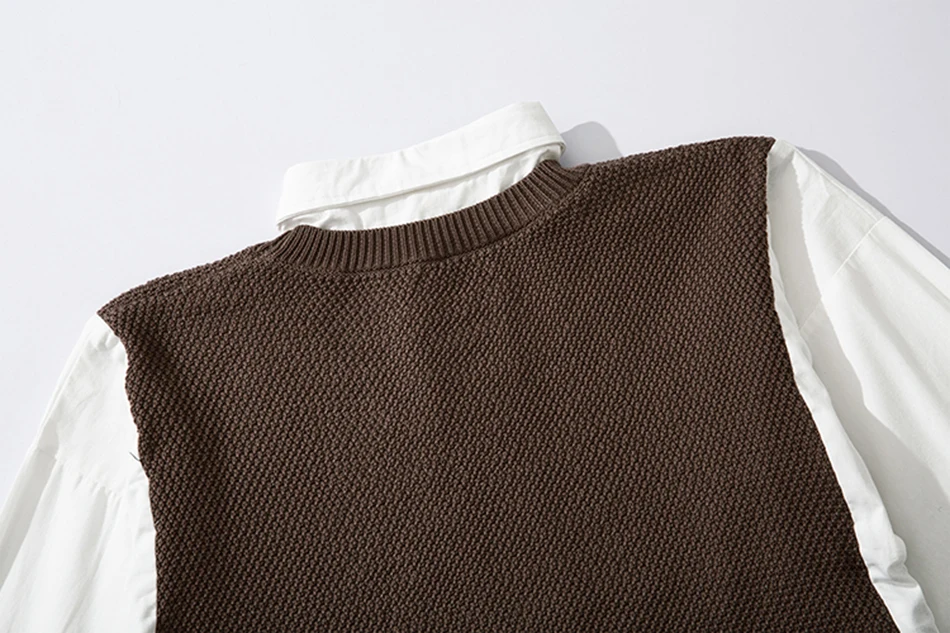 Осень поддельные два Poiece Pull Homme свитер Мужская Новая рубашка воротник Свободный Повседневный длинный рукав лацкан свитер