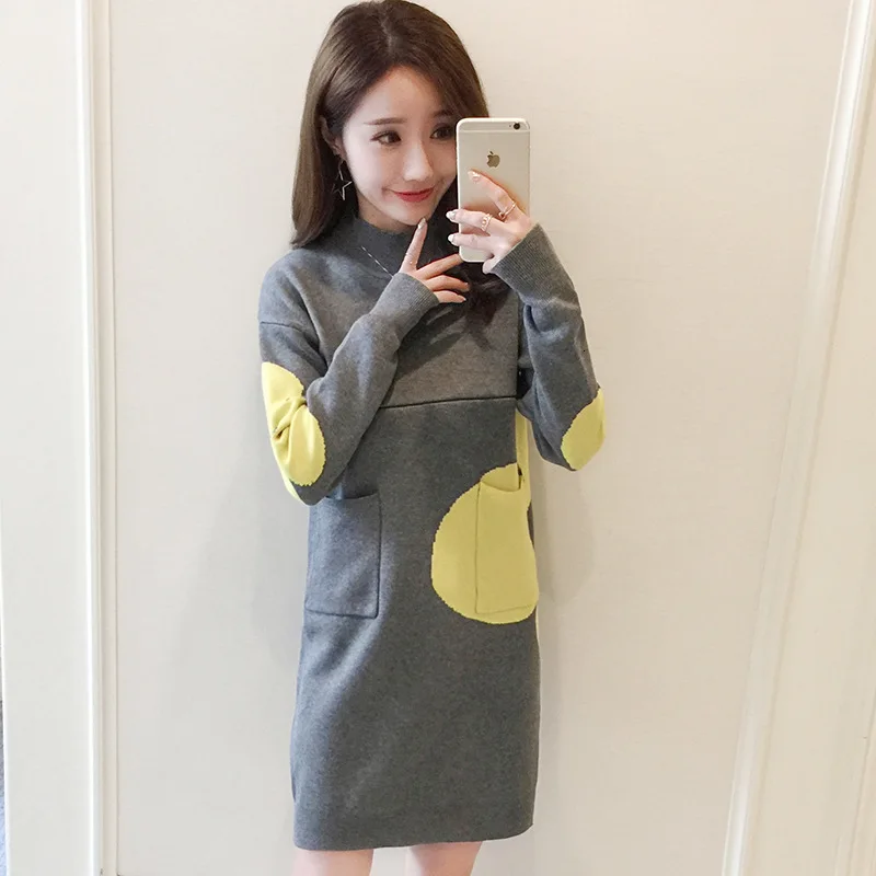 Зимний халат для кормящих женщин Vestido Элегантные новые платья для беременных модные повседневные платья для кормящих женщин вязаный свитер платье для беременных Xl - Цвет: Dark grey