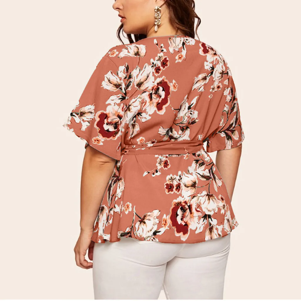 5xl Plus Size Floral V-neck Shirt Women's Casual Short Sleeve Tunic Printing Waist Belt Blouses Tops Women Clothing Blusas Mujer shirts & tops