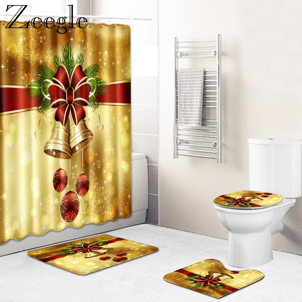 

Zeegle Shower Curtain 4pcs Christmas Bath Curtain Bathroom Carpet Set Anti-slip Toilet Rug Shower Mat Absorbent Bathroom Rug Set