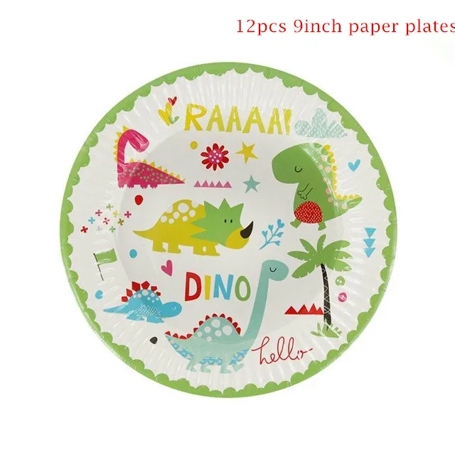 Мотив динозавра праздничный набор столовой посуды Одноразовая бумажная тарелка скатерть торт Топпер с первого дня рождения товары для мальчиков - Цвет: 12pcs