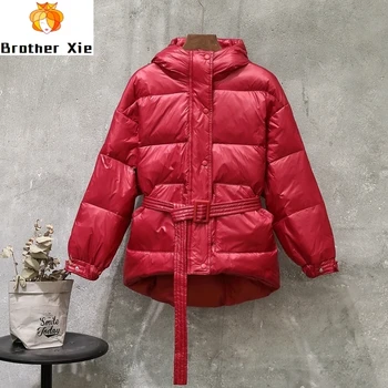 

2020 New New Women 90% White Duck Down Hooded Parkas Winter Warm Ultra Light Single Breasted With Belt Loose Snow Outerwear
