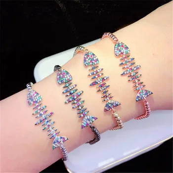 

10pcs/lot High Quality Brass Bracelet Pave Rainbow Cubic Zirconia Fish Bone Adjustable Bracelet Fashion Jewelry