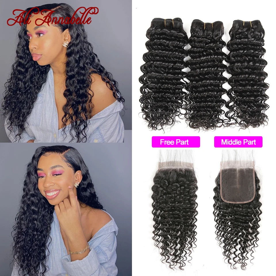 Mèches Remy péruvienne Deep Wave-Ali Annabelle, cheveux naturels, avec Closure, 4x4, avec Lace Closure transparente, lot de 3